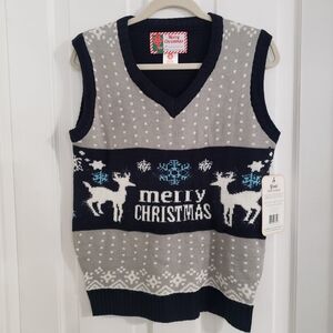 NWT Mens Unisex Holiday Sweater Vest SMALL Pullover Ugly Christmas Deer Gray
